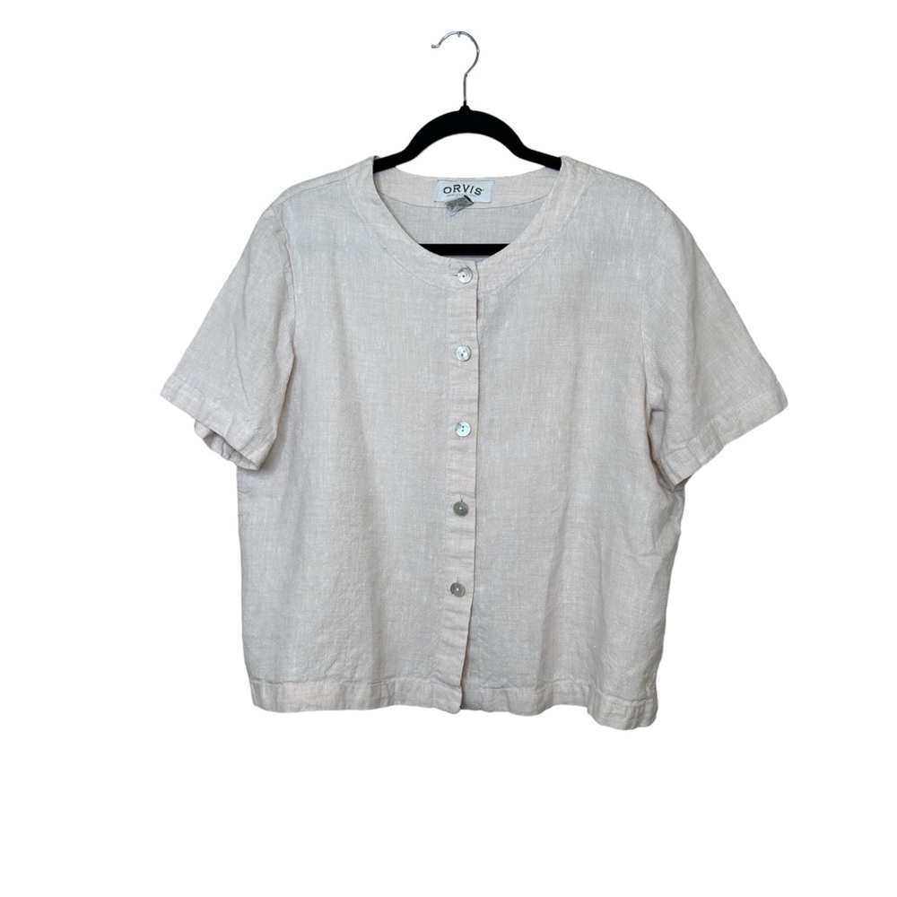 Orvis Shirt Womens L Khaki Beig Button Up Short Sleeve Linen Boxy Crop Lagenlook